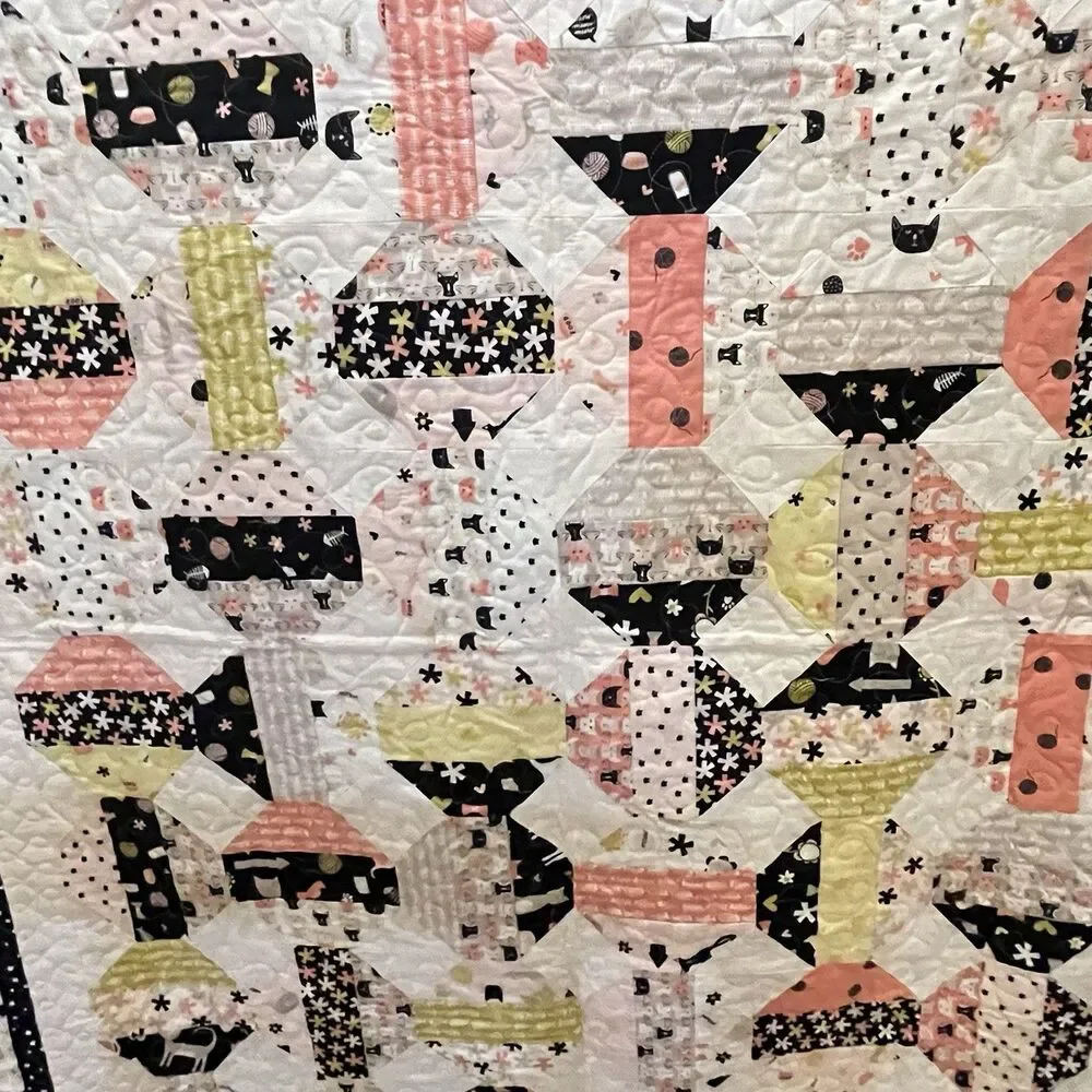 Handmade Cats and Camper Trailers Patchwork Quilt Blanket Pink